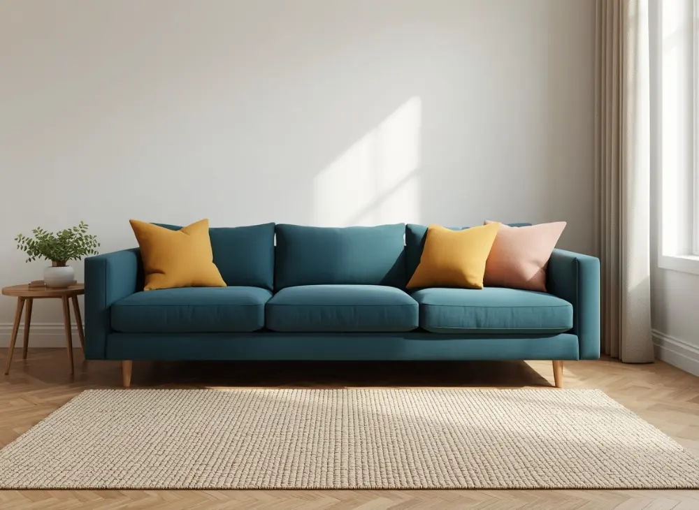 Budget friendly living room makeover with teal sofa and flatweave rug