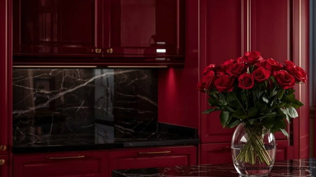 Burgundy and black luxury kitchen with gold hardware and marble counter