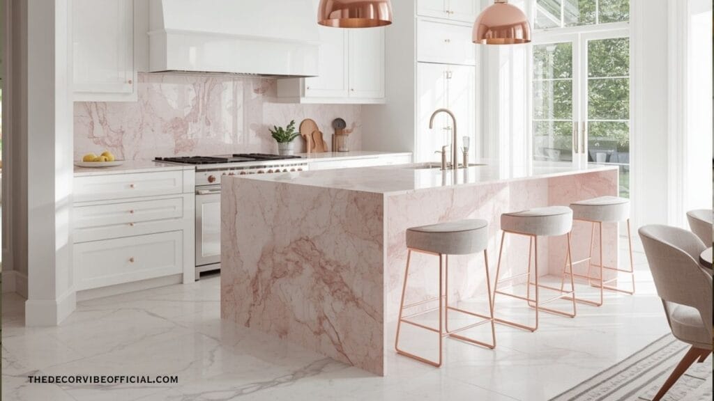 Pink marble luxury kitchen island with rose gold pendant lighting