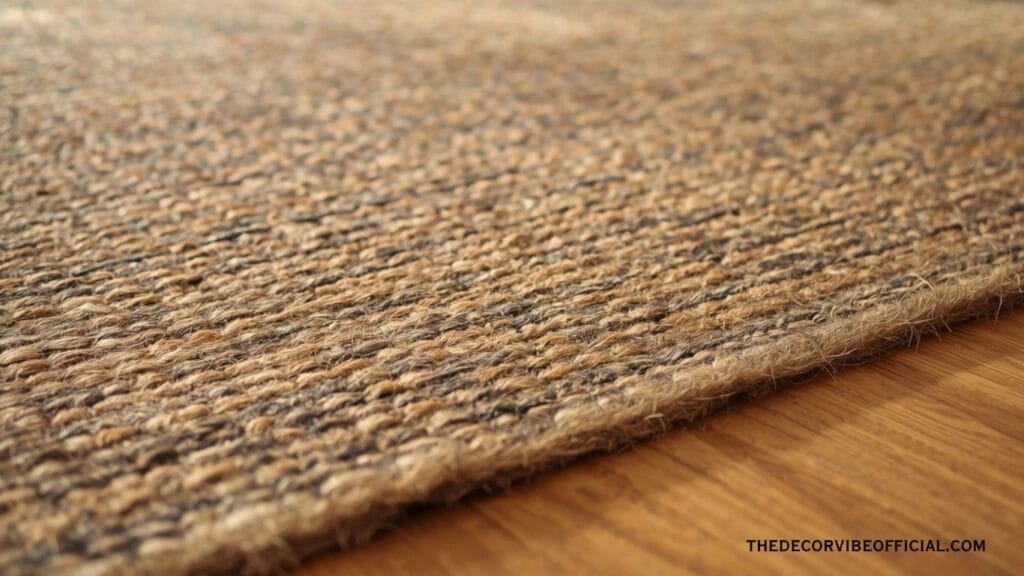 Patterned wool rug layered over a larger jute rug on warm wood flooring