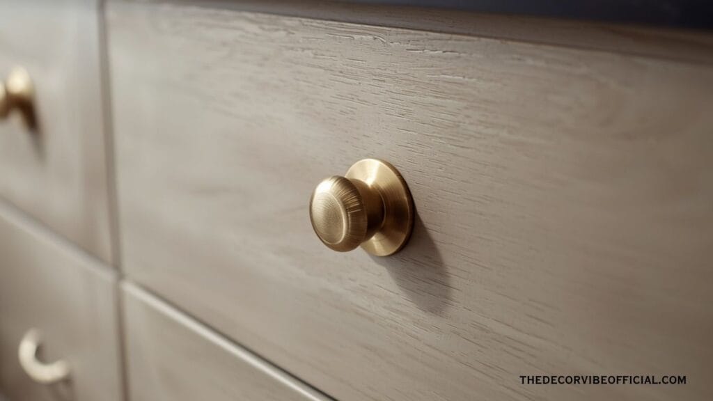 Brushed brass cup pull hardware mounted on a wood drawer front