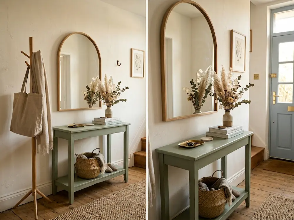  Pinterest worthy sage green console table entryway with arched mirror