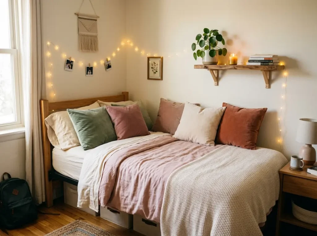 Aesthetic dorm bedding ideas with pastel layered linen and velvet pillows