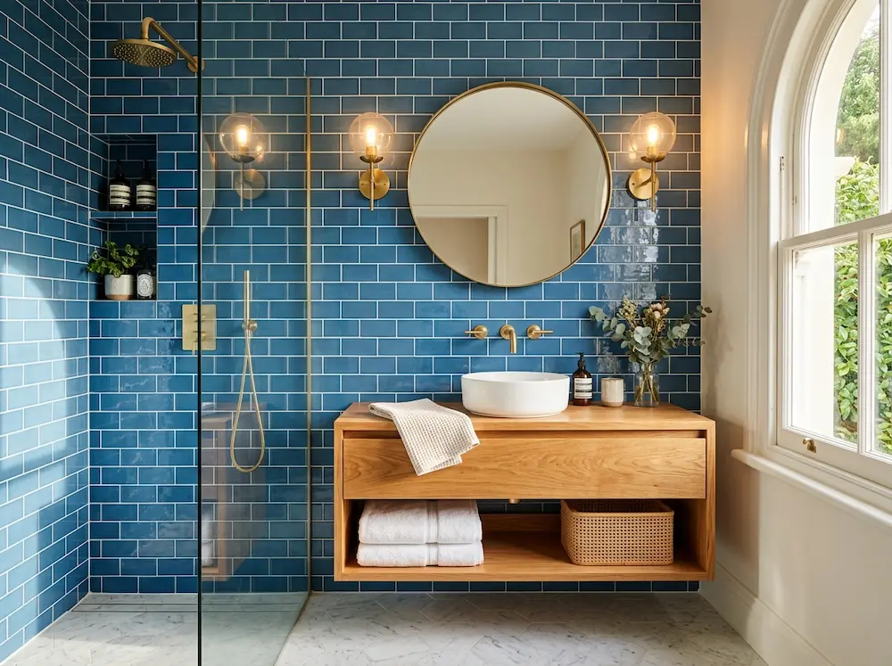 Bathroom featuring blue subway tiles and brass fixtures creating a stylish modern look.