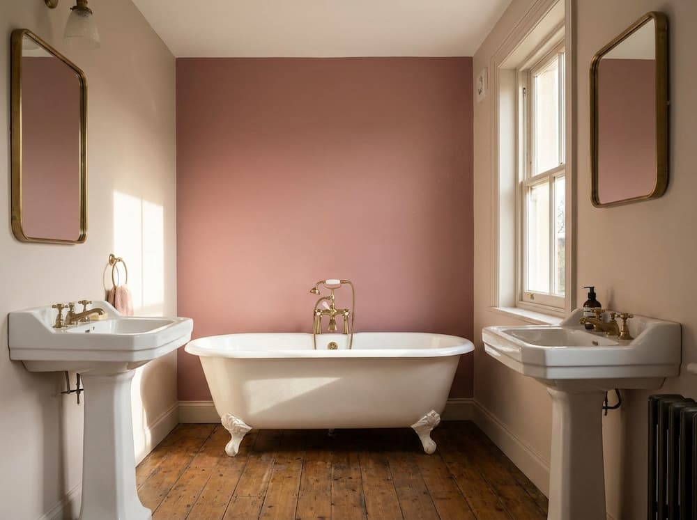 Bathroom with dusty rose painted wall and white clawfoot tub