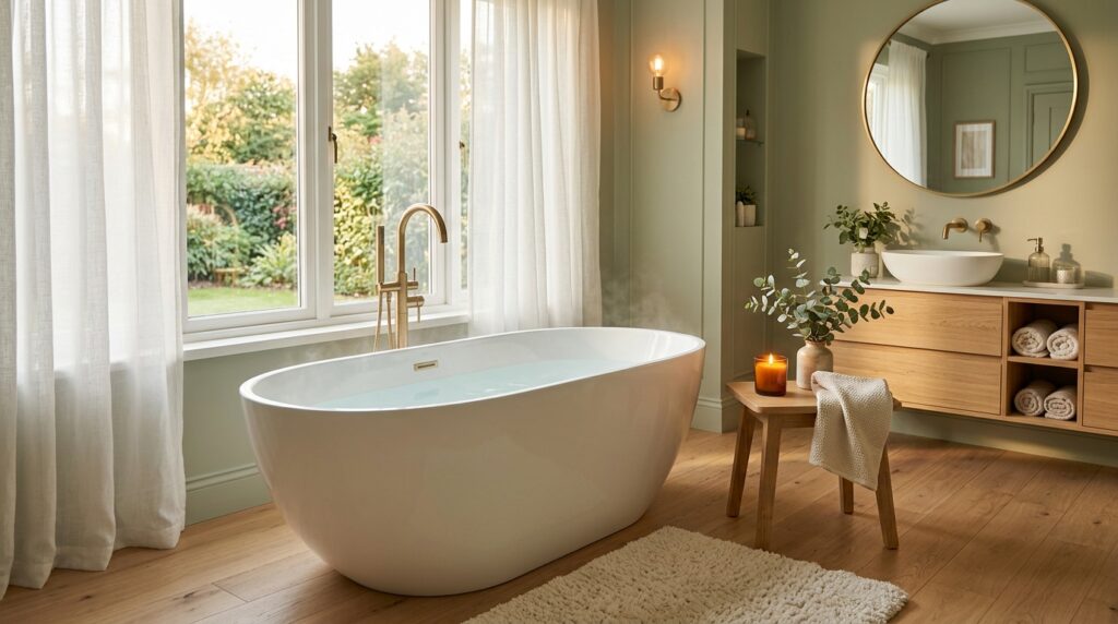 Sage green bathroom with white freestanding tub, brass fixtures, and warm natural light