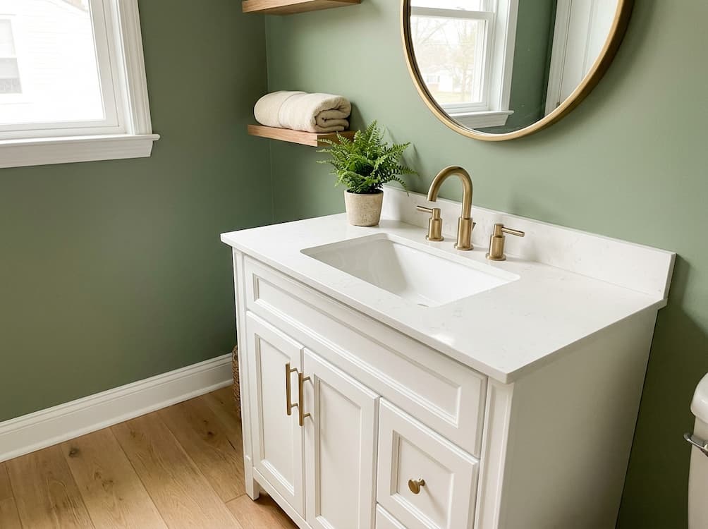  Bathroom with sage green painted wall and brushed brass fixtures
bathroom paint colors