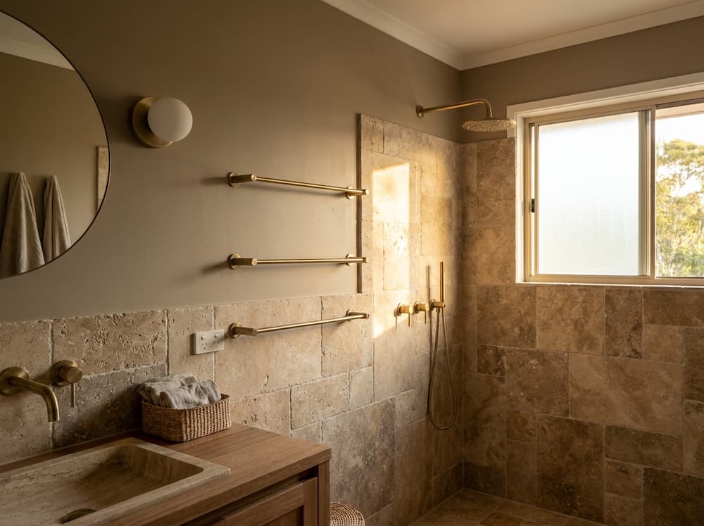  Bathroom with earthy taupe painted wall and natural stone tile