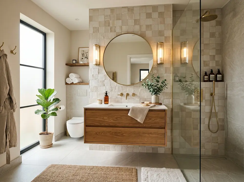 Modern bathroom with layered tile textures and warm natural materials creating a luxurious atmosphere.
bathroom-tile-trends-2026
