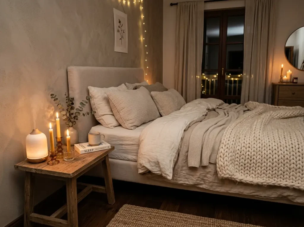 Bedroom with calming candles and scent decor for relaxing mood