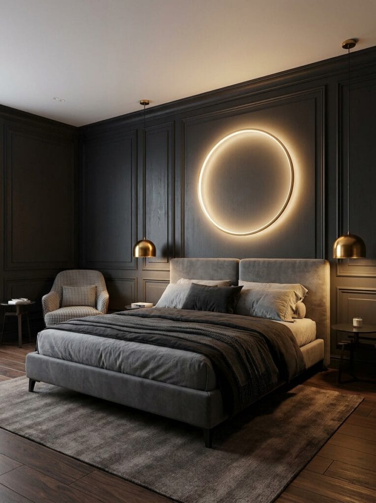 Luxury bedroom interior with dark paneled walls, backlit circular mirror, and layered grey bedding
interior design bedroom ideas