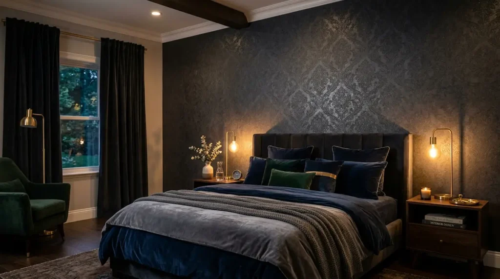 Moody bedroom featuring dark luxury wallpaper with warm lighting and elegant decor