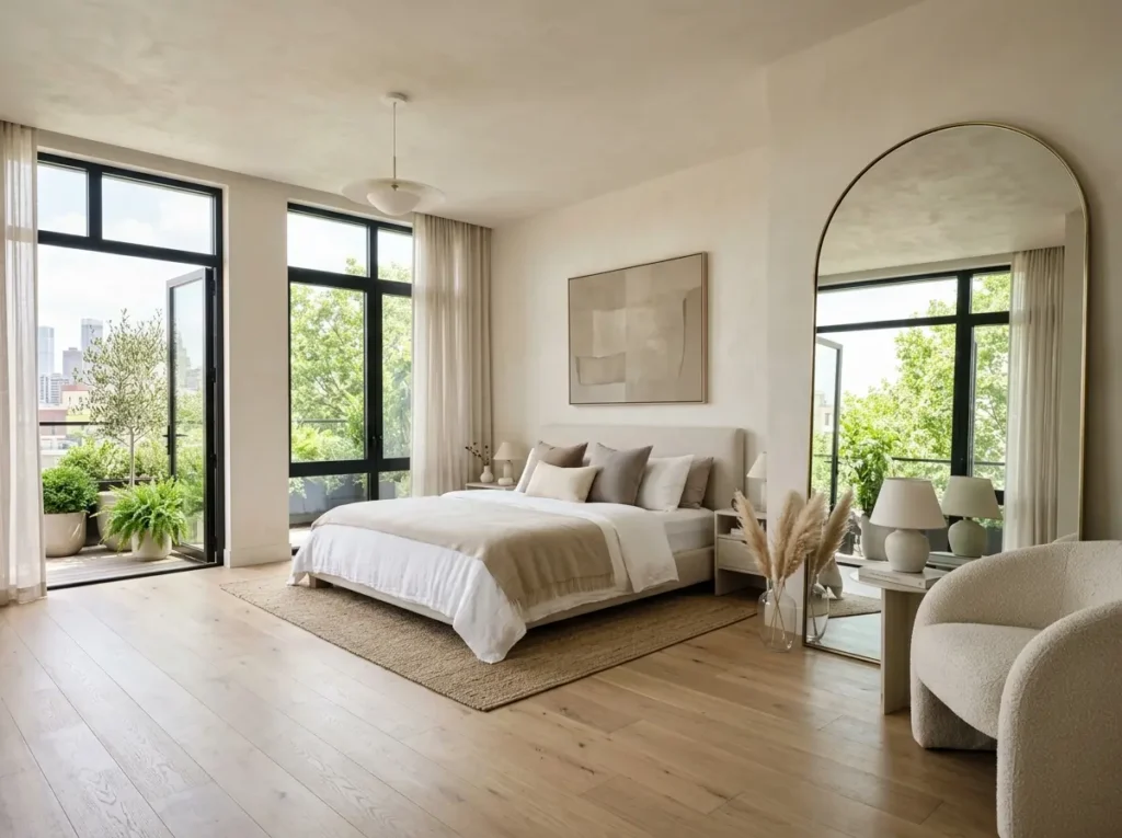 Bedroom with mirror creating spacious and bright modern look