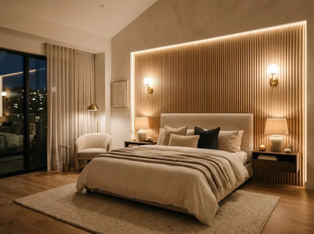 Bedroom with textured accent wall adding depth and modern cozy style