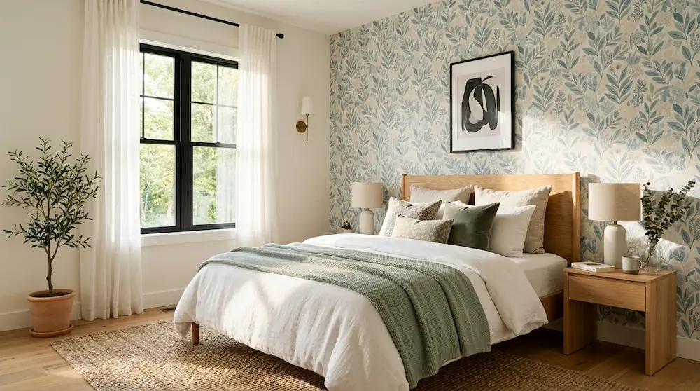 Cozy bedroom featuring stylish peel and stick wallpaper and modern decor.
HOMEDECOR WALLPAPER IDEAS 