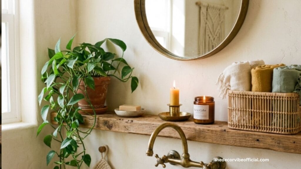  Bathroom counter decor ideas with brass faucet candle trailing plants and wicker basket towels