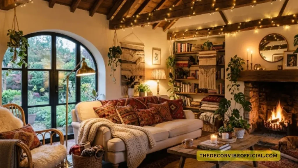 Small apartment living room decor ideas with wooden beams rattan pendants and warm lamp lighting