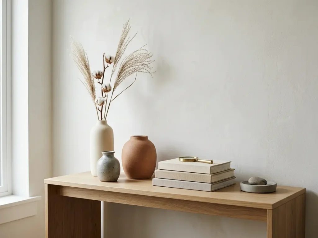 Styled console table in a minimalist luxury living space