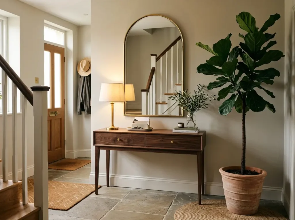 Styled entryway console table with round mirror lamp and plant