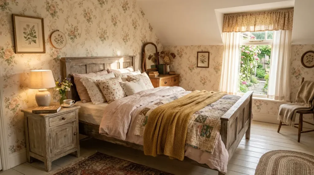 Cottage bedroom with soft floral wallpaper creating a warm and cozy atmosphere
