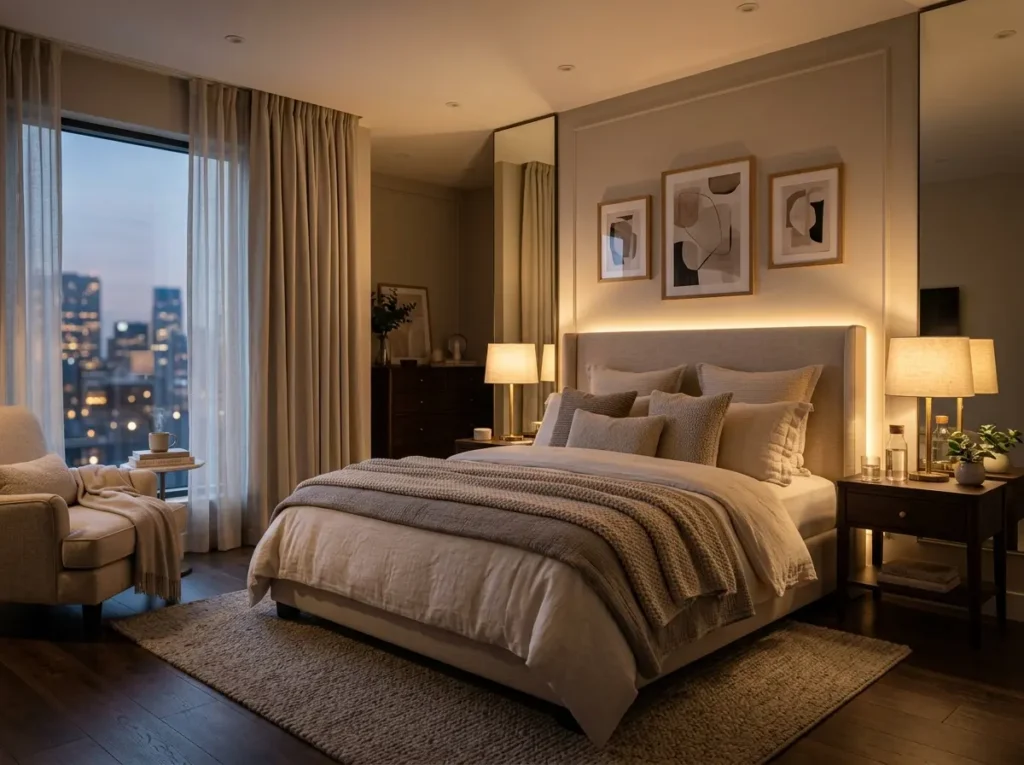 Bedroom with warm layered lighting creating cozy evening atmosphere
