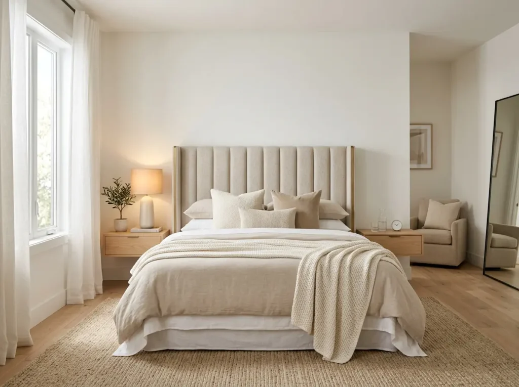 Bedroom refresh ideas featuring cozy luxury bedroom with neutral tones, soft lighting, and modern elegant interior design