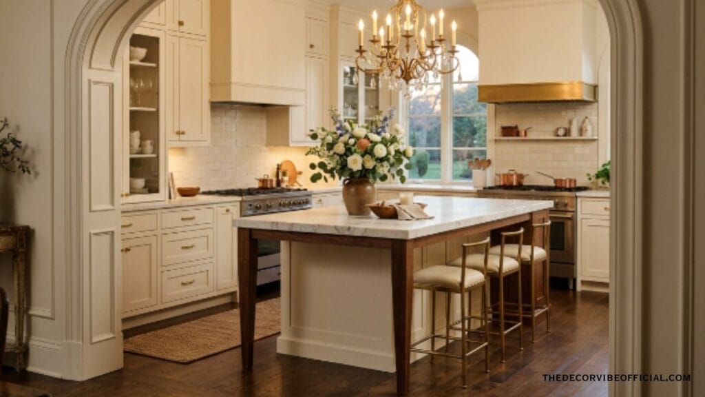 Cream luxury kitchen framed by an arched doorway with brass chandelier 