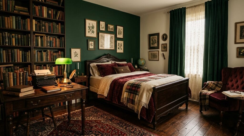 Dark academia bedroom with forest green wall, vintage desk, and brass lamp