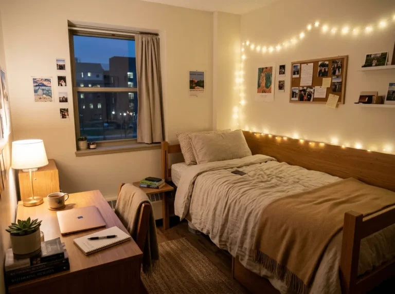 Aesthetic dorm bedding ideas with cinched white duvet fairy lights and mixed pillows