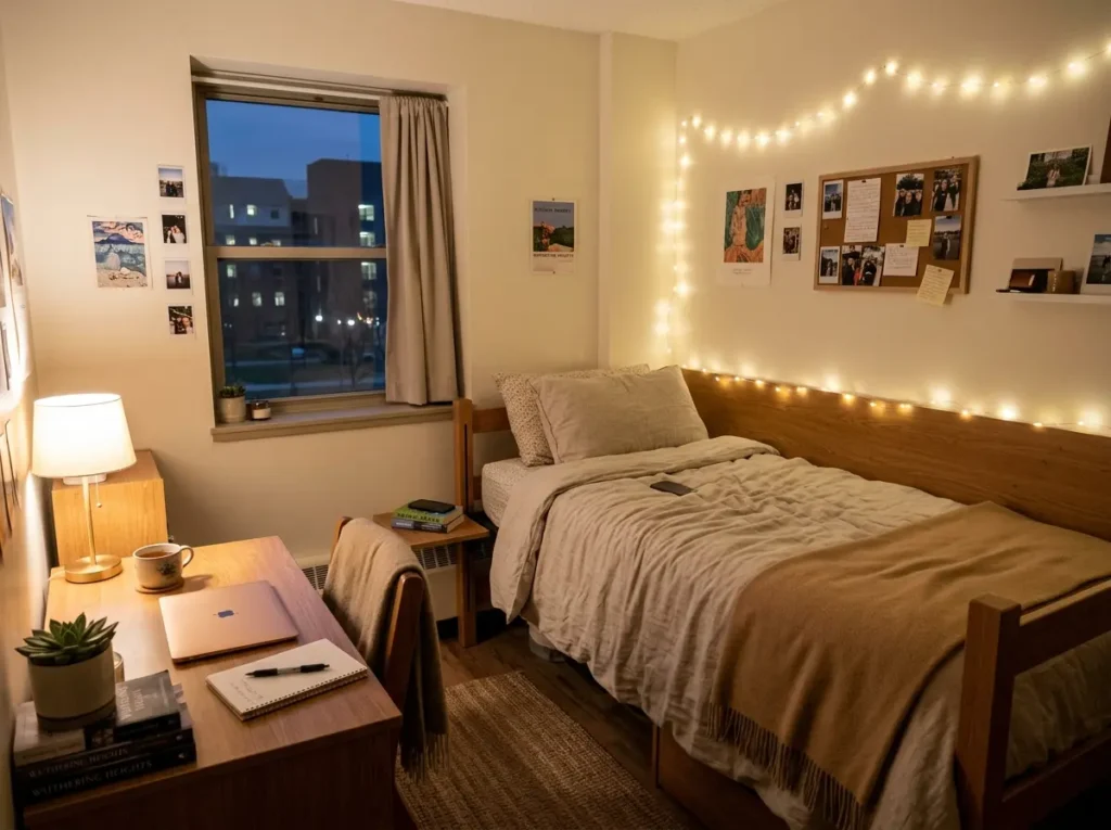 Aesthetic dorm bedding ideas with oatmeal duvet warm fairy lights evening