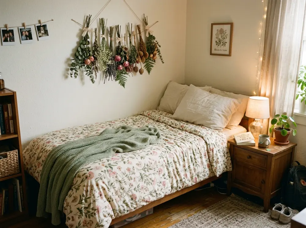Aesthetic dorm bedding ideas with cottagecore floral duvet and dried flowers