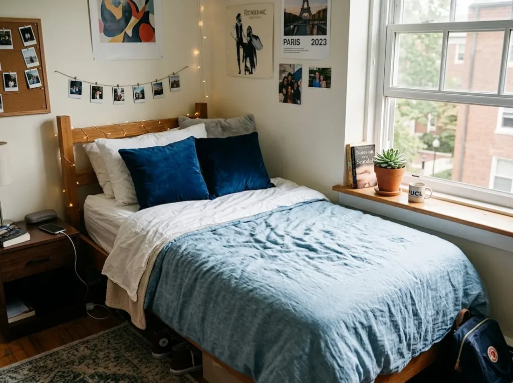 Aesthetic dorm bedding in icy blue with white layers and velvet pillows