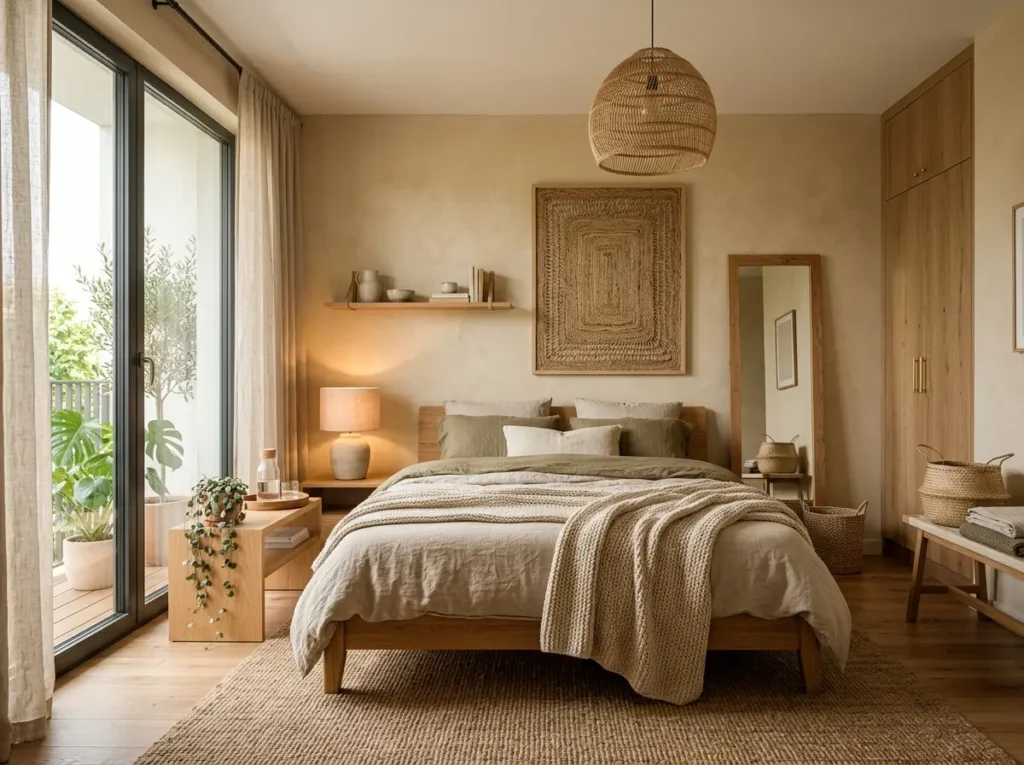 Earthy modern bedroom with natural textures and warm cozy styling