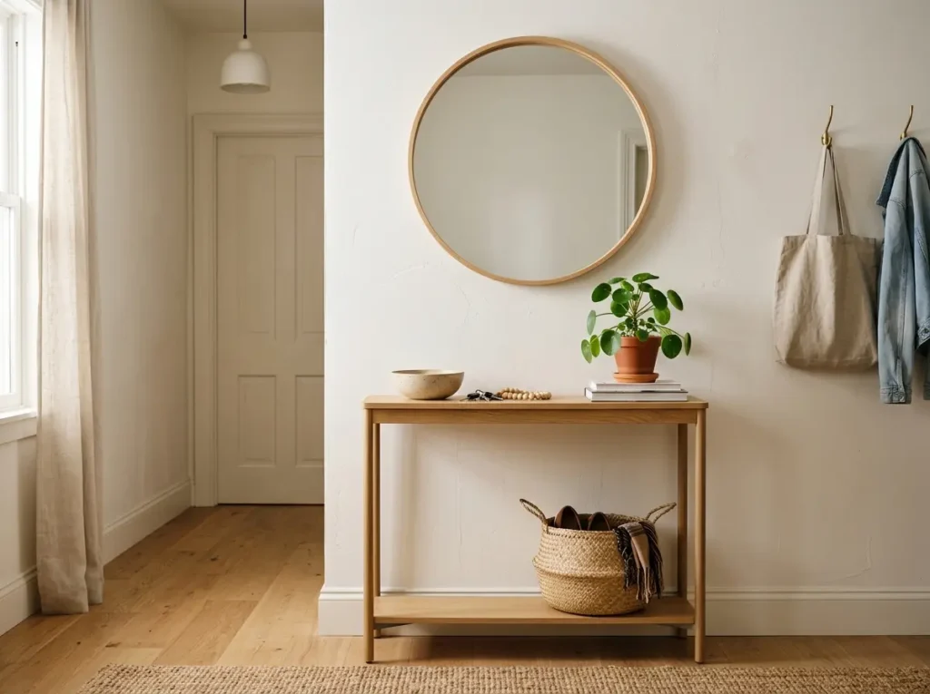 Small console table in entryway with round mirror and plant
small console table
