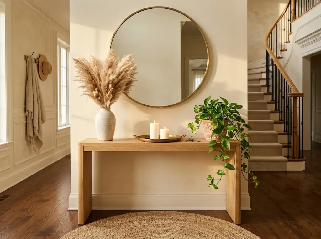 Small console table in entryway with arched mirror dried pampas and brass tray
