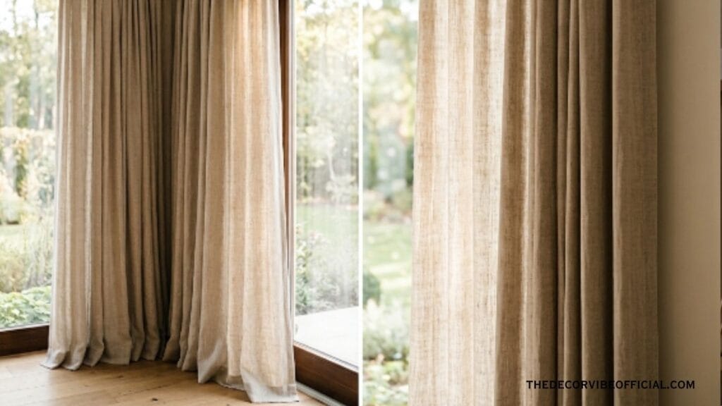 Floor-to-ceiling linen curtains hung close to the ceiling in soft daylight