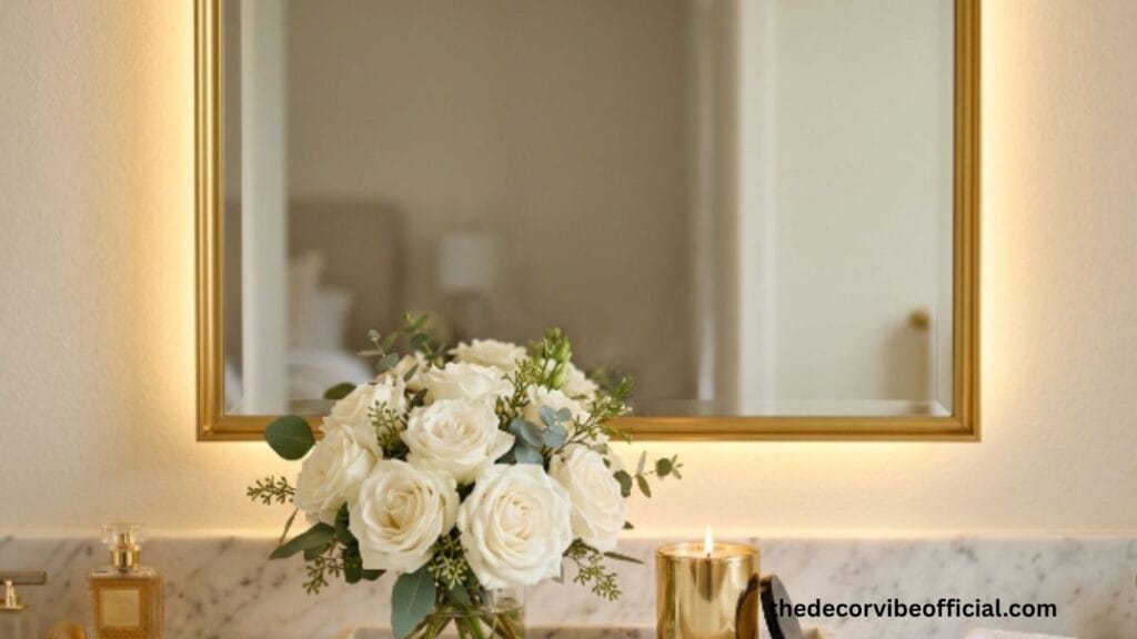 Bathroom counter decor ideas with gold mirror marble tray white roses and lit candle