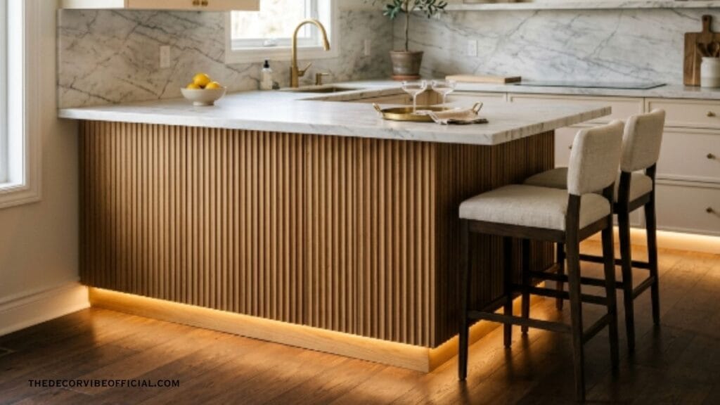 Compact luxury kitchen peninsula with fluted panel and brass pendant