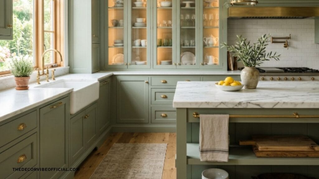 Sage green traditional luxury kitchen with marble island and brass lantern