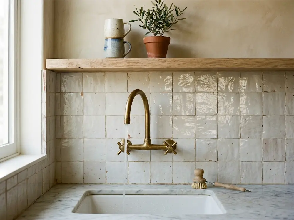 Warm white kitchen backsplash with zellige tile and open shelving