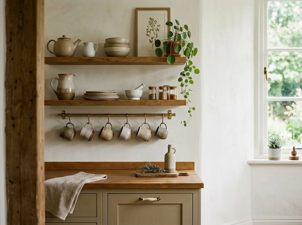 Warm white kitchen open shelving styled with pottery and plants
