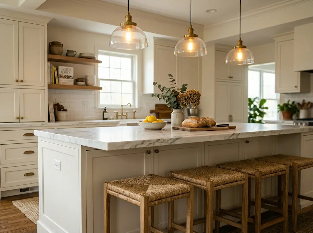 Warm white kitchen island with marble countertop and woven stools