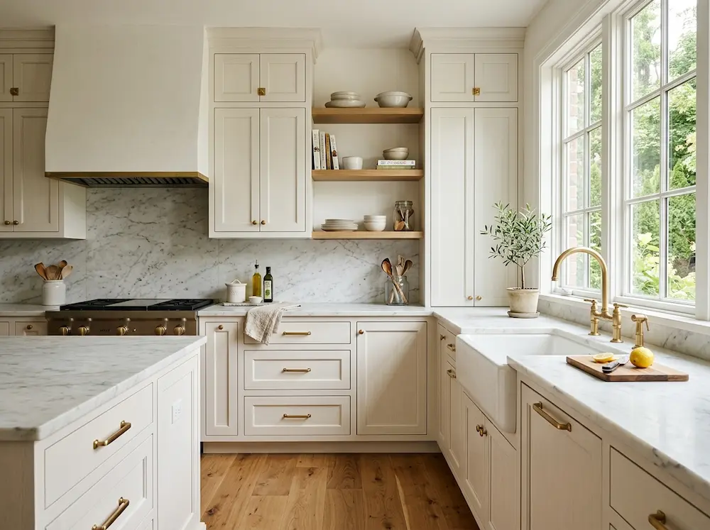 Warm white kitchen with brass hardware and marble countertop
