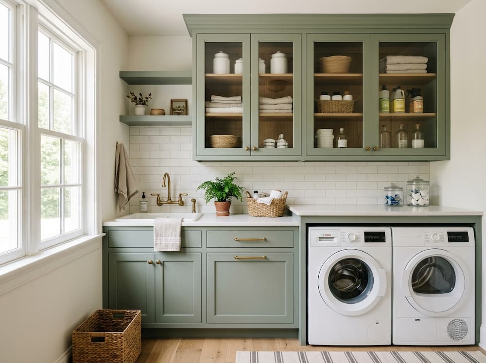 Laundry room with glass-front cabinets and brass hardware pulls