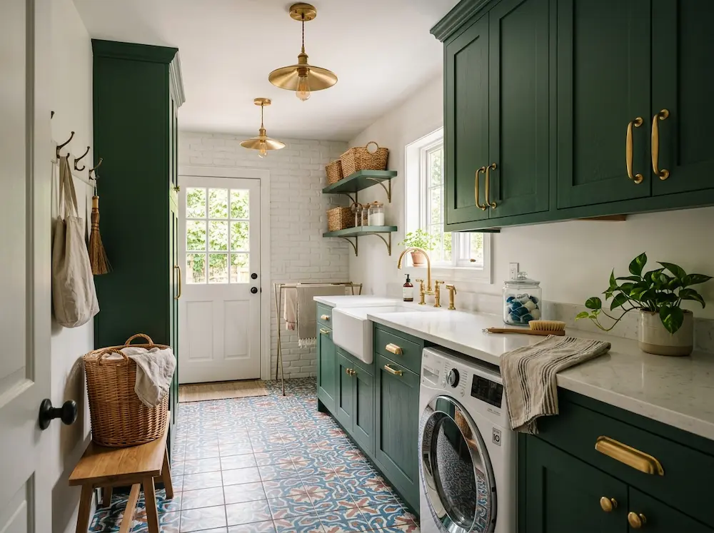  Laundry room with deep forest green cabinets and brass handles