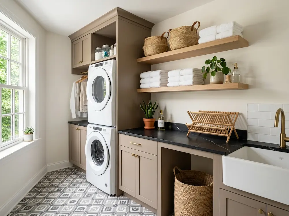 Organized laundry room with mushroom cabinets, brass hardware, and quartz counter