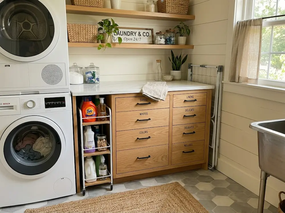 Small laundry closet with stacked washer dryer and beadboard wall