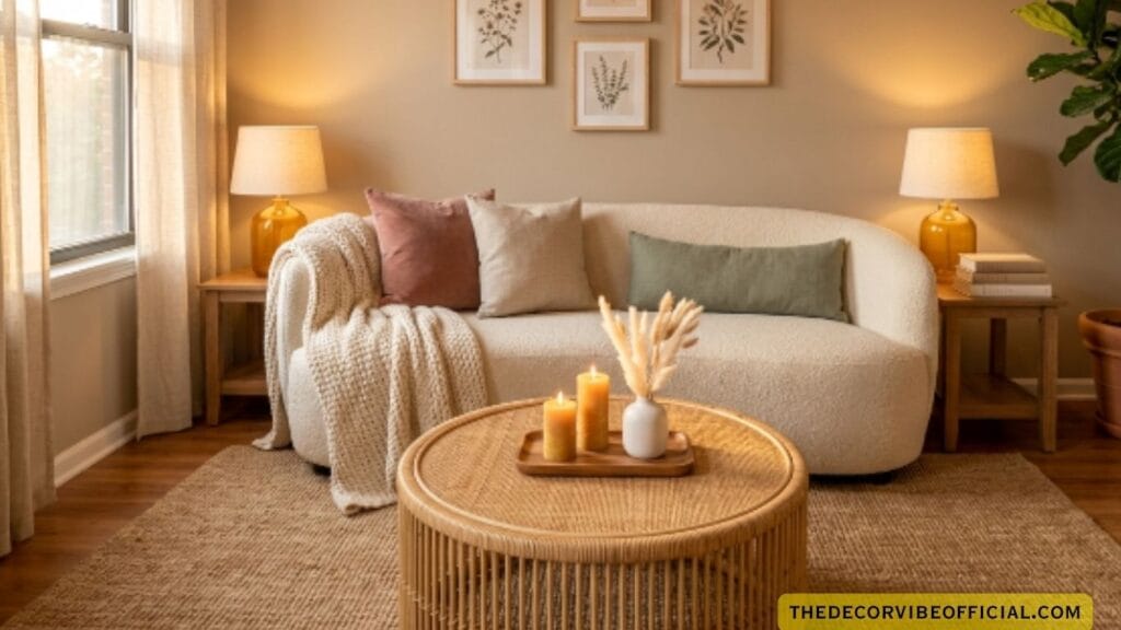Small living room decor ideas for apartments with cream bouclé sofa warm lamps rattan pendant and fiddle leaf fig
