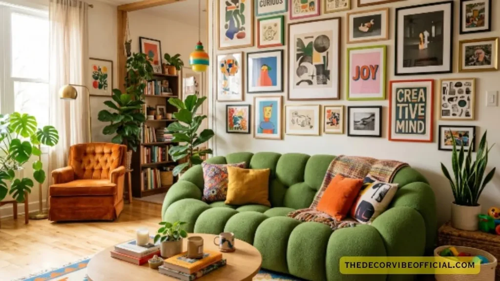 Small living room decor ideas for apartments with bubble sofa gallery wall and sculptural decor