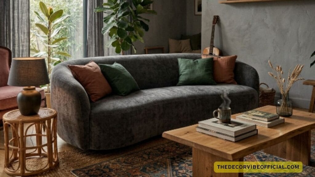  Small living room decor ideas with grey walls pink velvet chair layered rug and chunky throw
